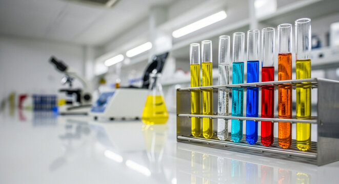 Laboratory test tubes filled with colorful liquids on white surface  
