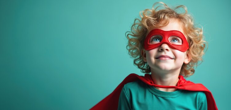 Little boy wears superhero costume, red mask, flowing cape. Small child looks up, smiling with imaginative thoughts, feeling empowered, looking ahead. Young kid plays hero, dreams big, aspiring to