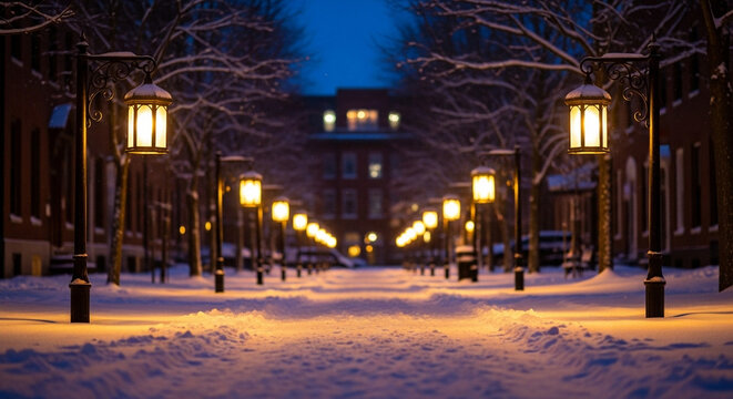 Snowy street illuminated by vintage lamps at twilight in winter  