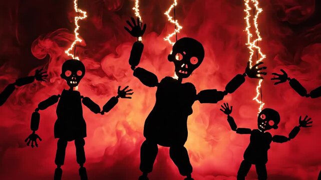 Abstract motion graphic loop featuring jagged, twitching strings controlling dark, stylized zombie puppet silhouettes against a smoky crimson background vjloop, design, visuals