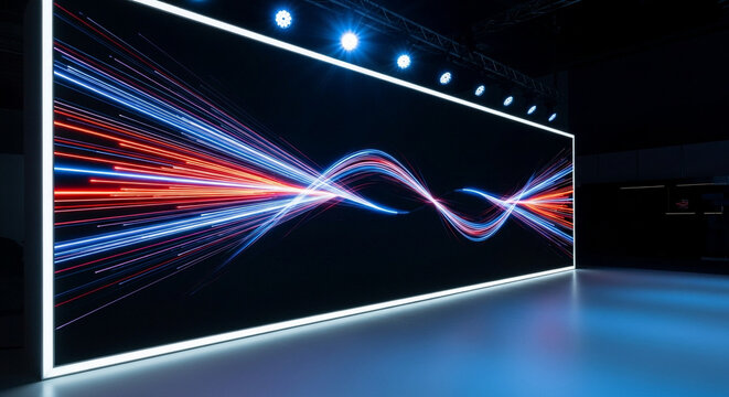 LED screen displaying vibrant abstract light wave patterns  