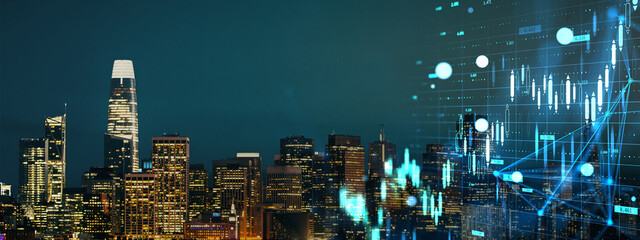 City skyline at night with glowing lights and abstract financial graph overlay showing market trends and data points on a dark blue background.