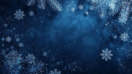 Winter Wonderland: Snowflake-adorned evergreen sprigs form an elegant frame around a deep blue expanse, evoking a sense of tranquility.