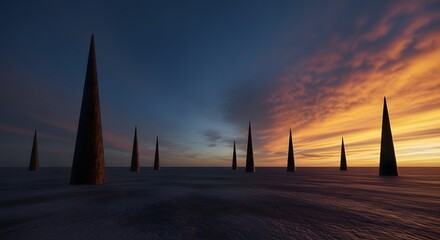 Abstract landscape with conical structures at sunset surreal and minimalist creating a sense of myst