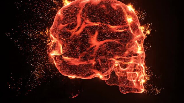 Abstract motion graphics animation featuring a stylized geometric skull constructed purely from seamless looping fiery red and orange energy particles motion, fiery, energy