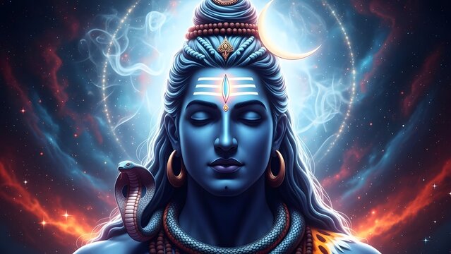 A captivating portrait of lord shiva, the hindu deity, adorned with traditional ornaments and a serene expression, radiating divine power and grace