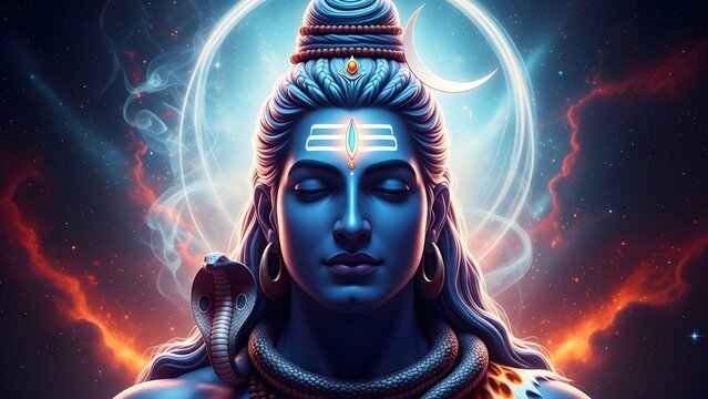 A captivating digital artwork of lord shiva meditating with a serene expression, adorned with traditional symbols and a glowing aura in a cosmic setting - Powered by Adobe