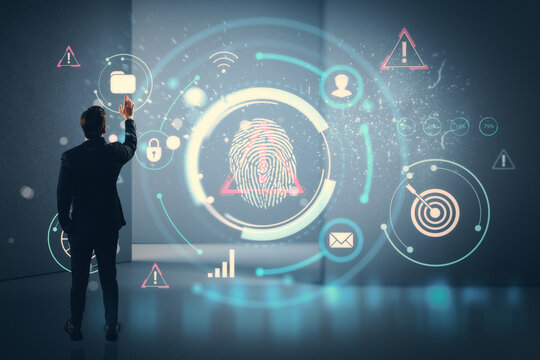 Businessman interacting with futuristic digital fingerprint interface for cybersecurity concept on illuminated tech background in dark room interior. - Powered by Adobe