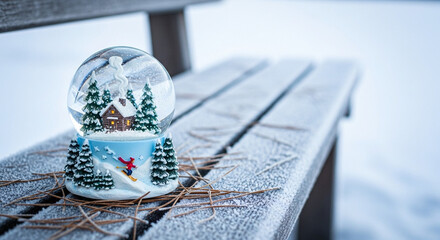 Snow globe with snowy landscape on wooden bench in winter  