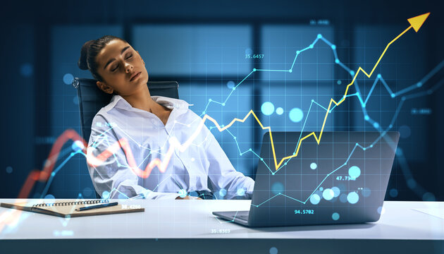 Businesswoman asleep at desk with upward financial chart overlay in modern office background, symbolizing market growth and data analysis.
