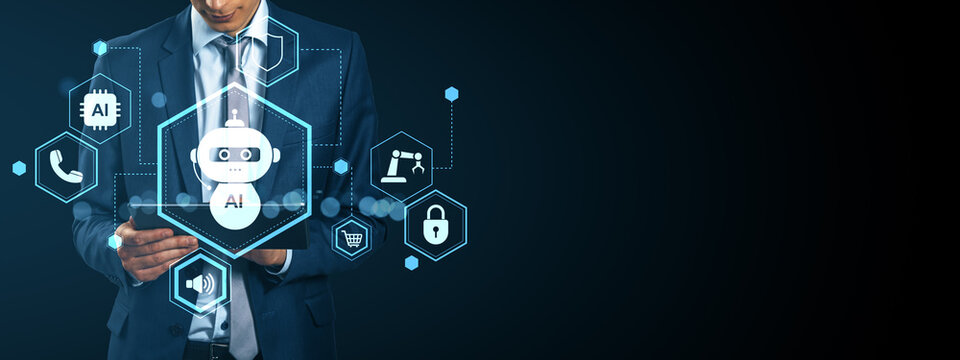 Businessman using digital tablet with AI chatbot icons and futuristic interface on dark background for technology and innovation concept.