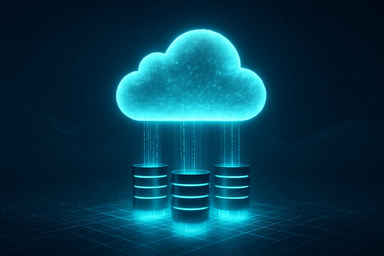 Digital cloud computing data storage technology abstract visualization server racks providing services and secure information transfer on dark background