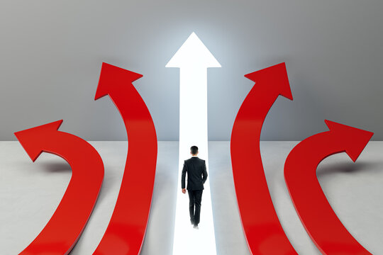 Businessman walking on straight glowing arrow among curved red arrows symbolizing right way to success and growth in abstract background.