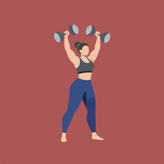 A minimalist vector illustration shows a woman in workout attire lifting dumbbells, set against a solid terracotta background, emphasizing fitness and strength.