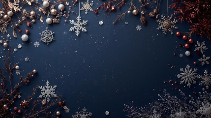 Winter Wonderland Elegance: A festive composition of delicate snowflakes, shimmering ornaments, and festive sprigs artfully adorns a deep blue canvas.