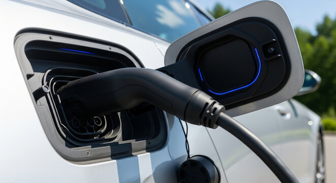 Electric car charging with connector plugged into charging port  