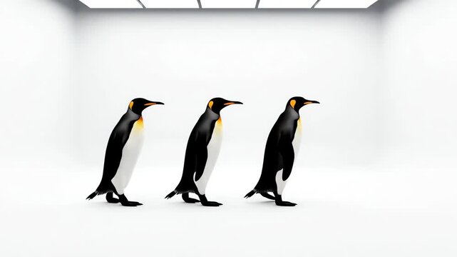 Abstract seamless looping animation of three silhouetted king penguins walking rhythmically across a minimalist white studio background perfect for corporate use white, modern, graphics