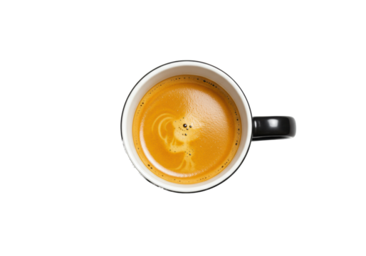 Sleek black ceramic coffee mug, white interior, filled with hot espresso and golden crema with delicate bubbles, isolated on bright white background with soft shadow. High-end coffee advertising