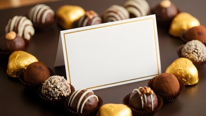 “Blank card with luxury truffles arranged in elegant warm light, perfect for celebration or message themes