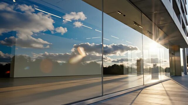 Abstract slow motion movement of light and cloud reflections gliding smoothly across the large polished glass window of an empty modern storefront backdrop, minimal, storefront