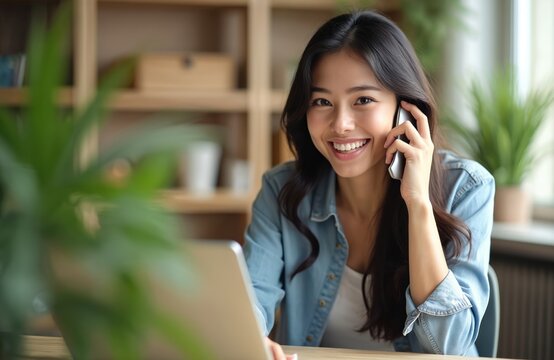 Smiling young woman talks on phone in modern home office. Lady communicates using smartphone at work. Happy female freelancer smiles during phone call. Remote work concept