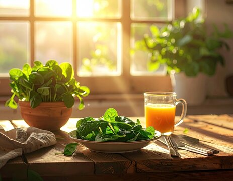 Fresh Spinach Salad with Orange Juice and Sunlight on Wooden Table