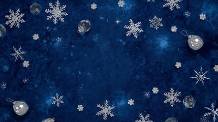 Winter Wonderland: A close-up view reveals a captivating scene of frosty snowflakes and decorative spheres scattered across a deep blue, icy surface.