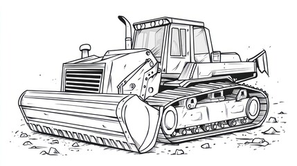 Cartoon black and white bulldozer on dirt