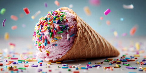 Obraz premium Pink Ice Cream Scoop with Rainbow Sprinkles in a Waffle Cone Close-Up