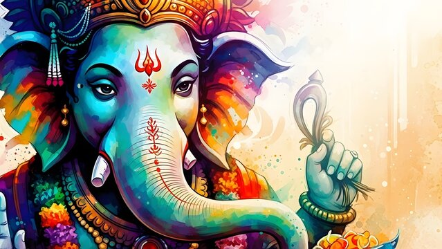 Vibrant watercolor painting of lord ganesha, the hindu god of wisdom and prosperity, adorned with intricate details and a colorful palette, radiating divine energy