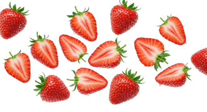 Fresh, vibrant red strawberries, whole with green caps and water droplets, or sliced, in a dynamic mid-air burst on a transparent background with studio lighting, concept of healthy food