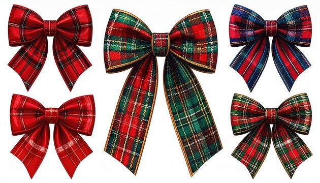 Collection of five festive tartan plaid bows in red and blue green patterns.