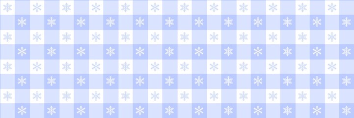 Light blue winter checkered background with white snowflakes. Seamless Gingham pattern, perfect for Christmas cards, fabric, desktop wallpaper, and holiday season designs.