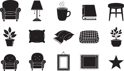 Assortment of fifteen black silhouette icons for home interior elements furniture