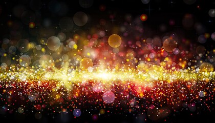 Abstract glowing golden and red bokeh lights celebration background.