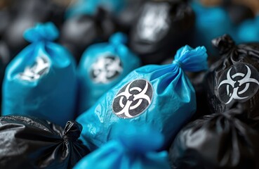 Several blue, black biohazard waste bags are collected. These bags are contaminated with hospital rubbish. They symbolize danger, pollution. Concept for health, infection control measures in hospital.