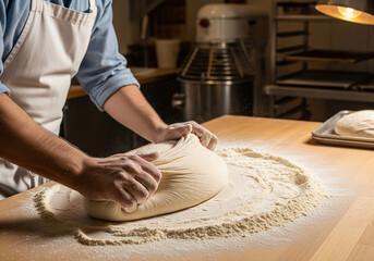 Baker Preparing Dough Shaping Bread with Flour on a Wooden Table in a Bakery Kitchen for Delicious Baked Goods