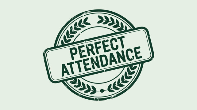 A green perfect attendance stamp with laurel wreath and rounded rectangle on a light background