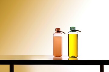 Silhouette of two colorful reusable water bottles standing on table against bright backlight background