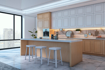 Modern kitchen interior with light wood cabinets and island in high-rise building, featuring city view through large window and marble flooring. 3D Rendering