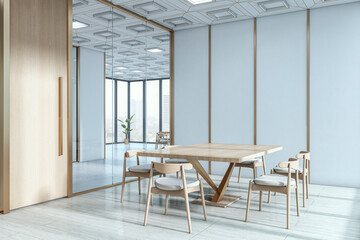 Modern corporate meeting room with glass partitions, wooden furniture, and minimalist light interior design in a high-rise office building. 3D Rendering