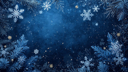 Winter Wonderland in Shades of Blue: A mesmerizing scene of intricate snowflakes and frosted pine branches dances against a deep blue backdrop.