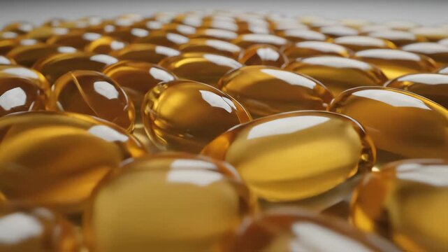 Array of numerous softgel fish oil capsules neatly arranged in geometric rows on a minimalist pale gray studio background arranged, health, three