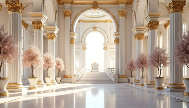 Luxurious palace interior with white columns ornate arches gold decor and trees in pots. Bright light reflects on the shiny floor. Elegant design creates a sophisticated atmosphere.
