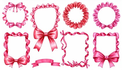 Collection of ornate pink ribbon and bow decorative frames and borders for design.