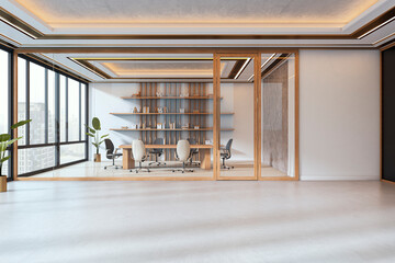 Fototapeta premium Modern empty corporate conference room with glass partition and city view, featuring stylish interior and natural lighting design elements. 3D Rendering