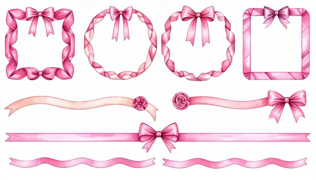 Collection of Hand Drawn Pink Ribbon Decorative Elements and Borders.