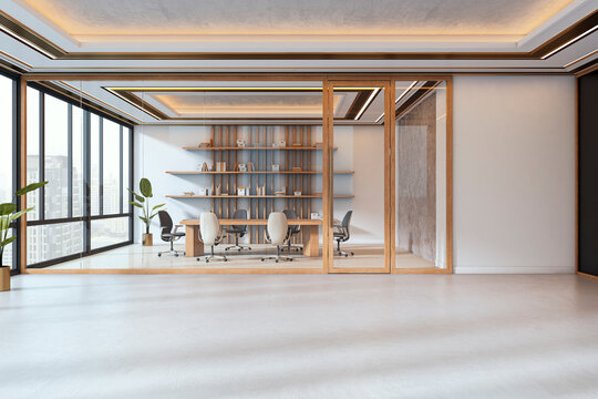 Fototapeta Modern empty corporate conference room with glass partition and city view, featuring stylish interior and natural lighting design elements. 3D Rendering