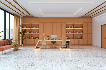 Obraz premium Modern corporate office interior with wooden desk, shelves, and panoramic city view through large windows in a bright, stylish room. 3D Rendering