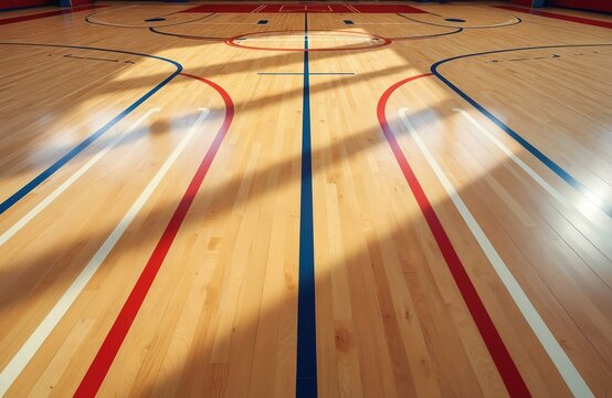 Empty basketball court with a polished wood floor and colorful lines. Sunlight casts shadows across the hardwood parquet. The indoor gym hall is ready for a championship game or team practice.